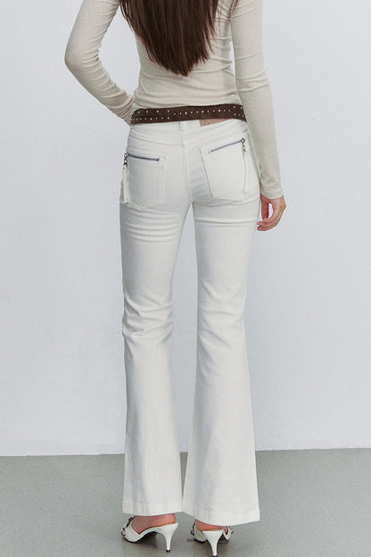 White Bamboo Texture Flared Denim Pants