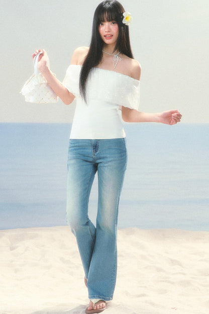 Lace Splicing One-Shoulder Top