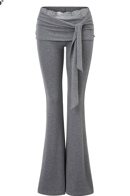 Fold-Over Waist Lace Tie-Up Flared Pants