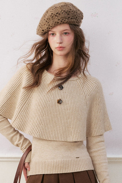 Floral Button Ribbed Cuff Cape Sweater Set