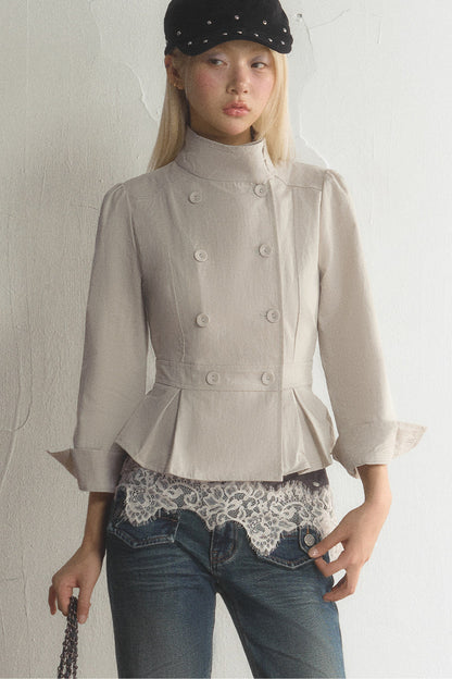 Stand Collar Double-Breasted Ruffled Hem Jacket