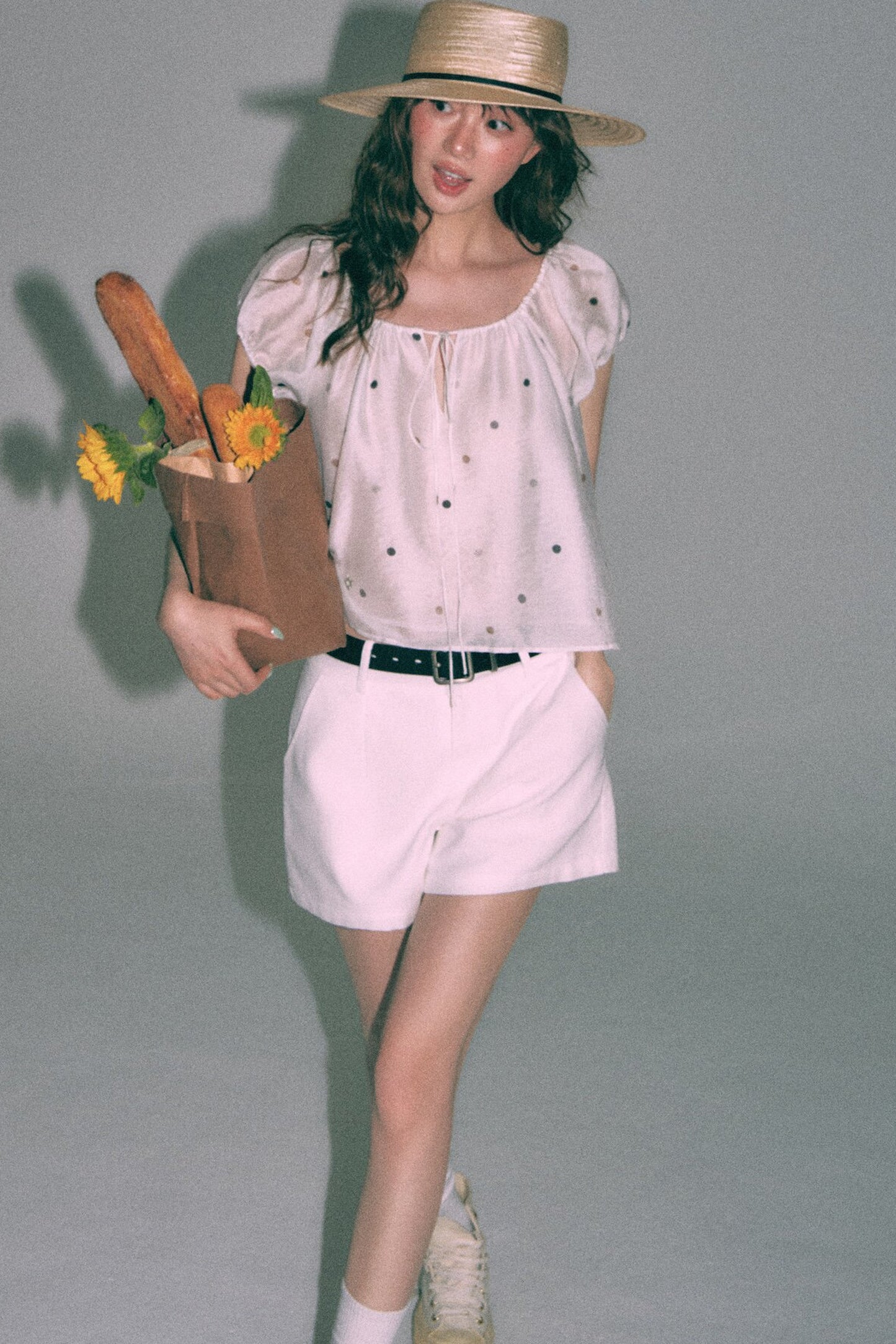 Polka Dot Puff Sleeve Drawstring Top