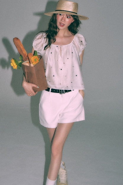 Polka Dot Puff Sleeve Drawstring Top