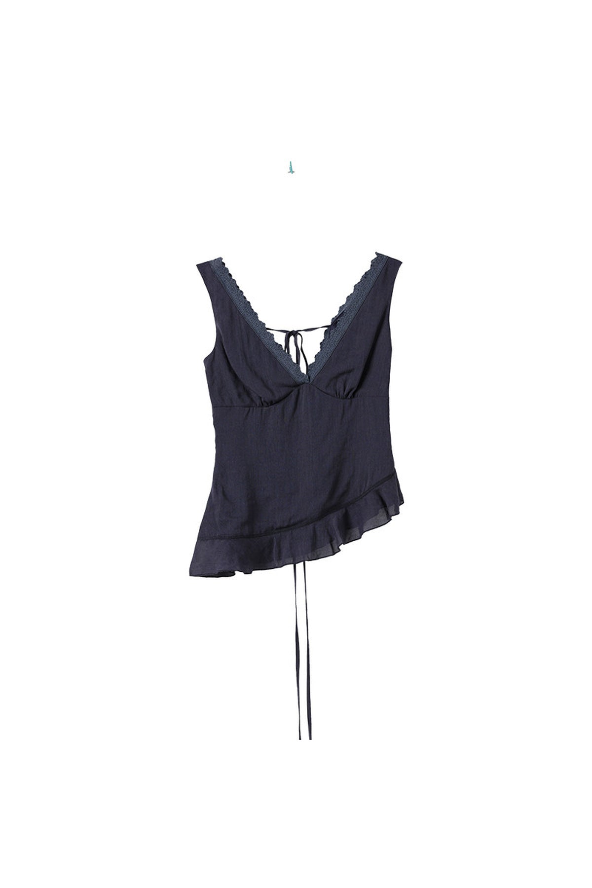 Navy Blue Lace V-Neck Ruffle Hem Camisole Set-Up