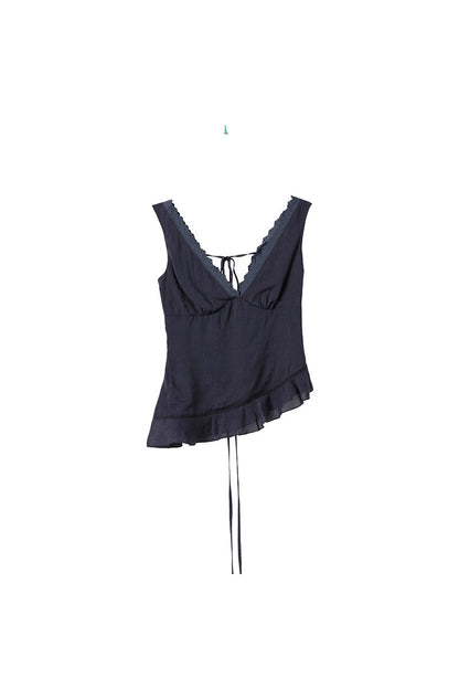 Navy Blue Lace V-Neck Ruffle Hem Camisole Set-Up