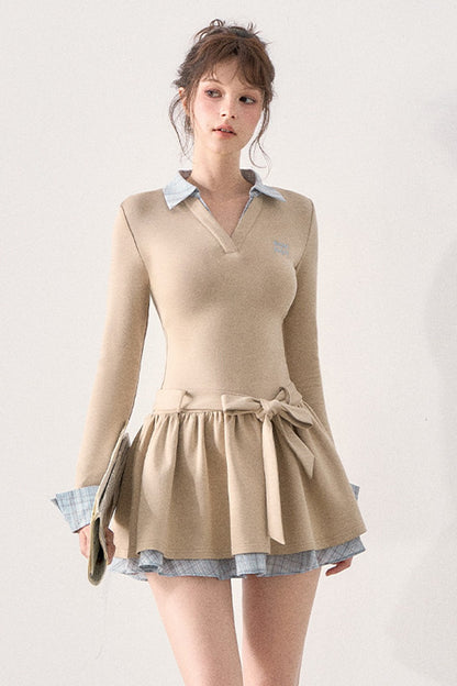 Bow Belt Knit Layered-Look Dress