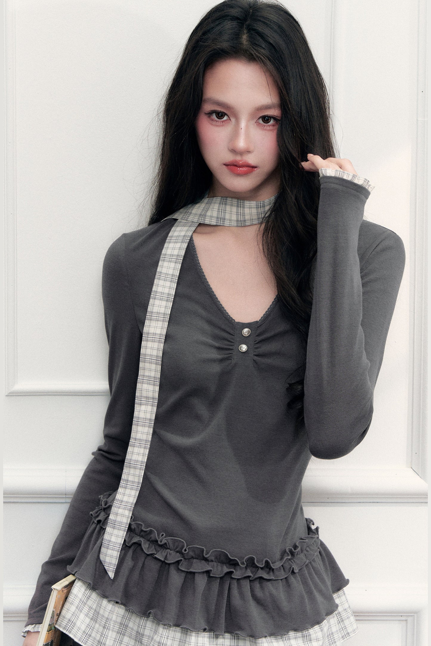 V-Neck Plaid Ruffled T-Shirt and Pants Set-Up