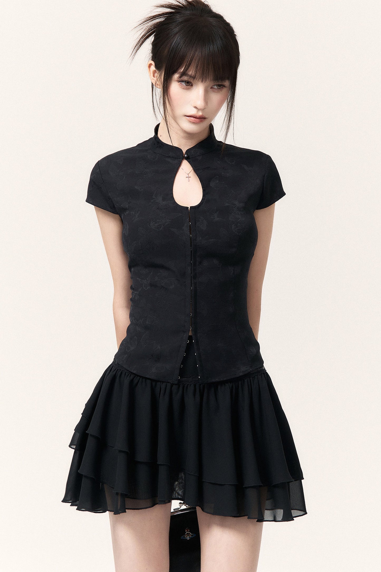 New Chinese Style Jacquard Top and Ruffle Skirt Set-Up