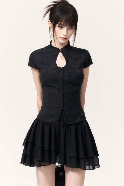 New Chinese Style Jacquard Top and Ruffle Skirt Set-Up