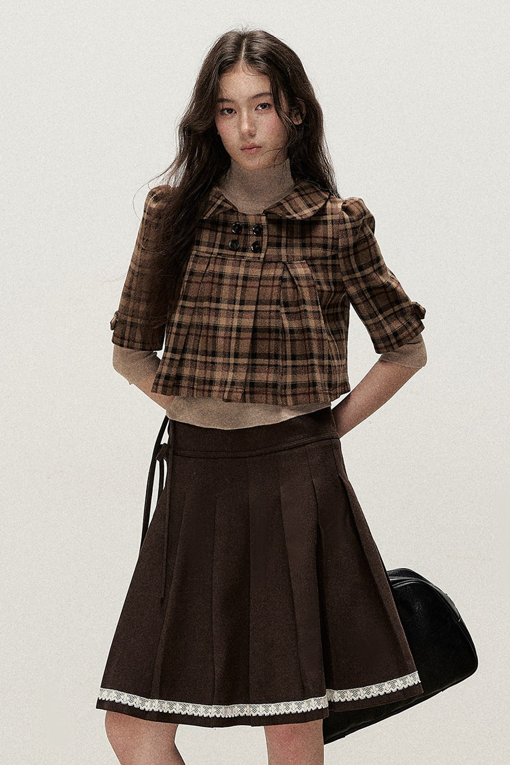 Vintage Woolen Pleated Mid-Sleeve Top