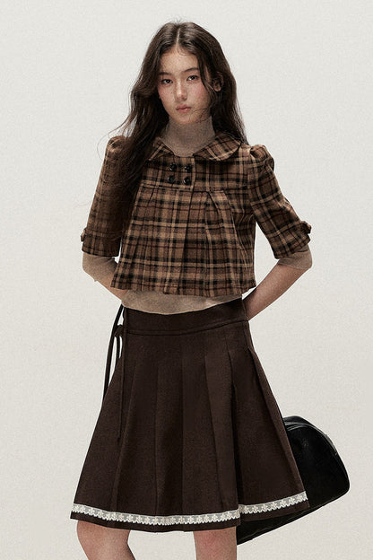 Vintage Woolen Pleated Mid-Sleeve Top