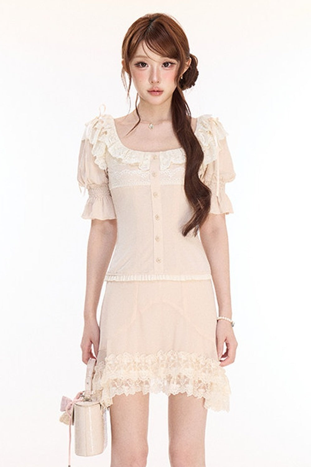 Floral Lace Lantern Sleeve Top and Chiffon Skirt Set-Up