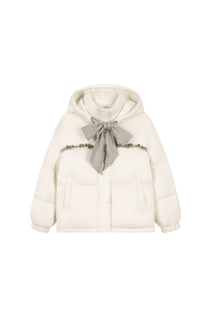 Plaid Bow Lace Short Down Jacket