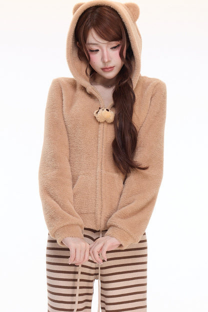 Teddy Bear Hooded Jacket and Striped Knit Pants Set-Up