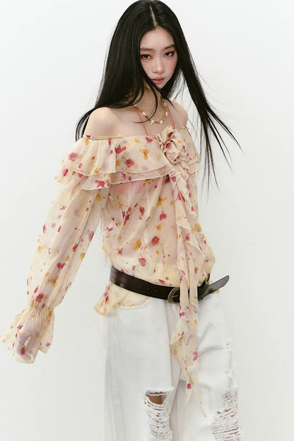 Elegant Floral Off-Shoulder Chiffon Top Set-Up