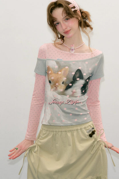 Color-Block Patchwork Rabbit Print Long Sleeve Top