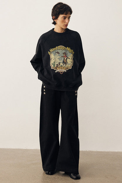 Washed Cat Print Sweatshirt and Pants Set