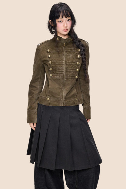 Double-Breasted Stand-Up Collar Short Denim Jacket