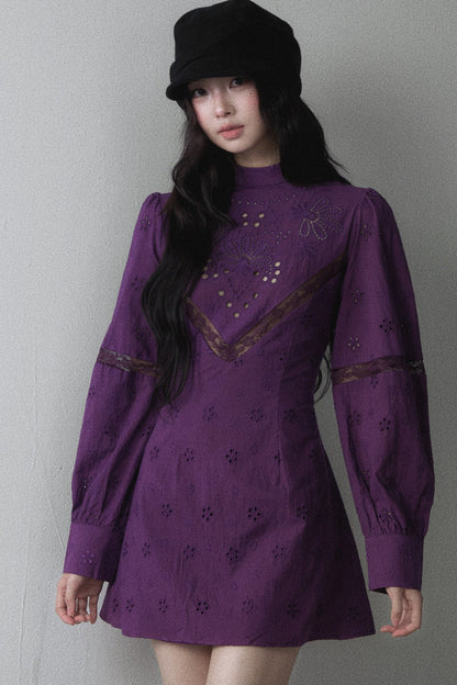 Hollow Embroidery Patchwork Long-Sleeve A-Line Dress