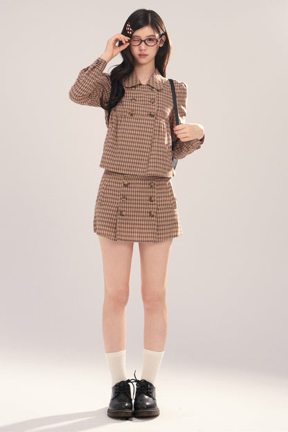 Long-Sleeved Plaid Shirt and Skirt Set-Up