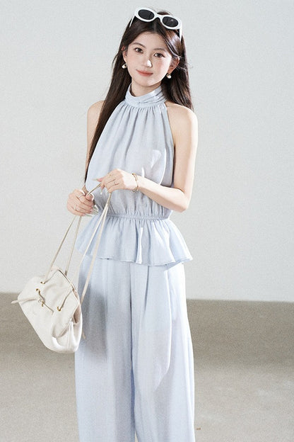 Blue Tencel Halter Shirt and Wide-Leg Pants Set