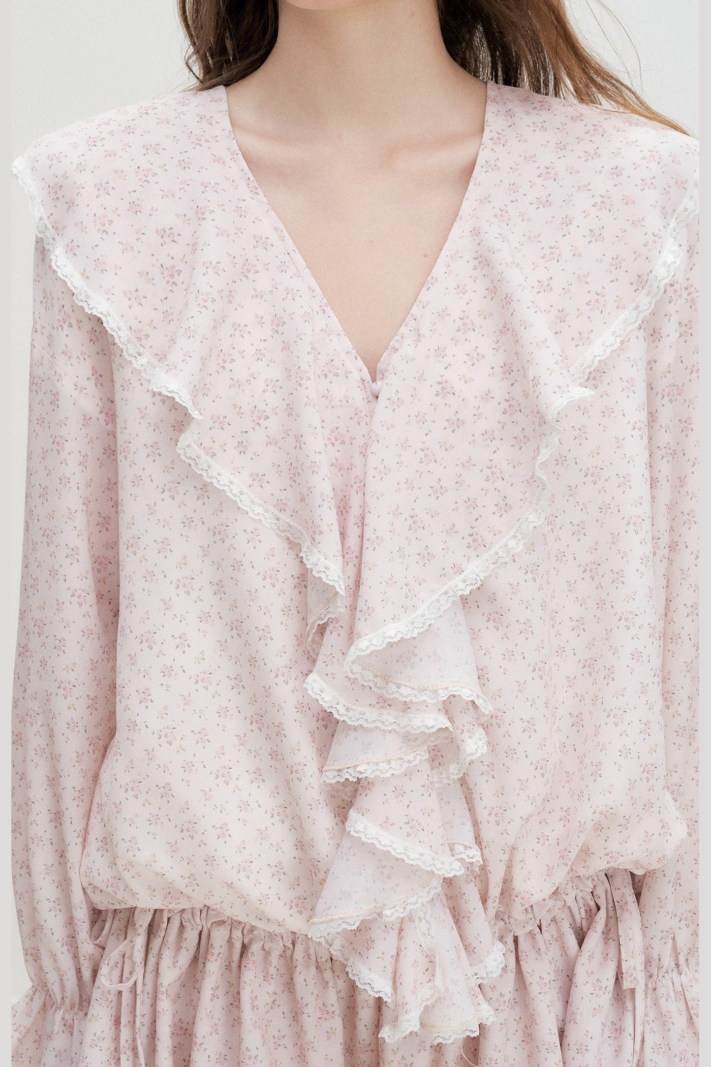 Floral Ruffle V-Neck Long-Sleeve Dress