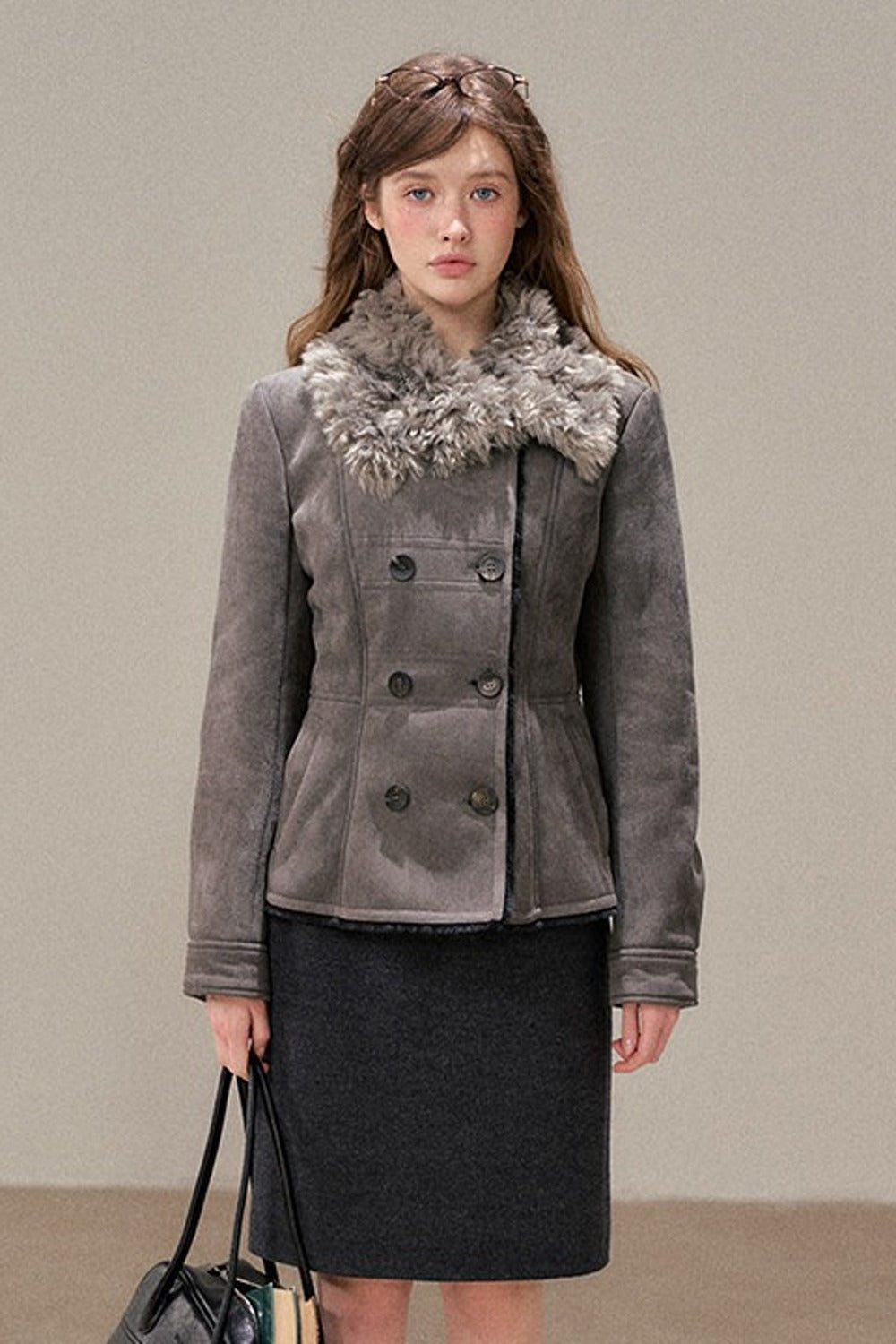 Double-Breasted Fur Collar Jacket