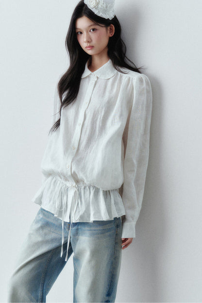 Low-Waist Ruffle Linen Shirt