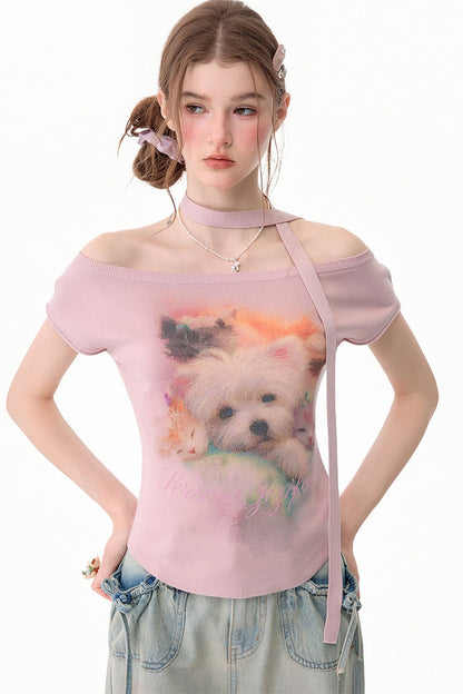 Pink Puppy Print Slim Fit T-Shirt