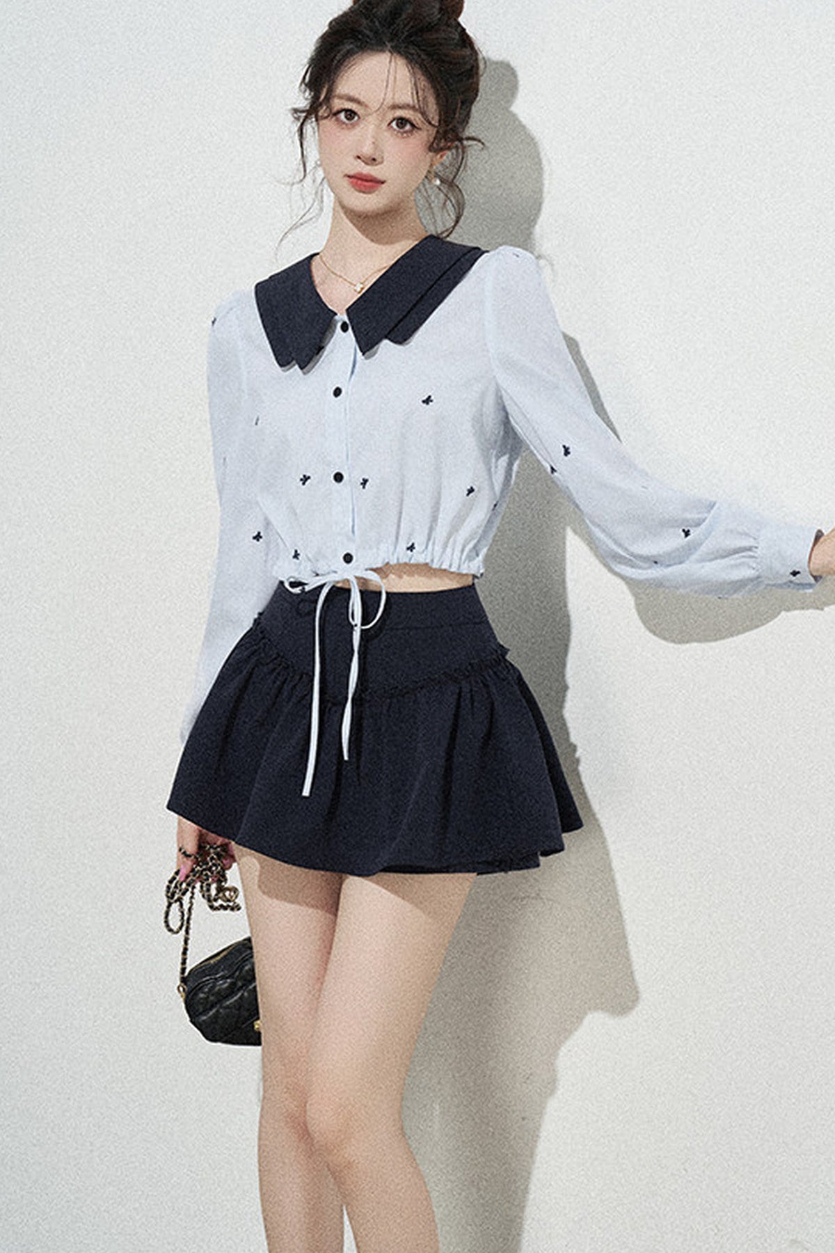 Doll Collar Drawstring Long-Sleeve Shirt and Skirt Set-Up