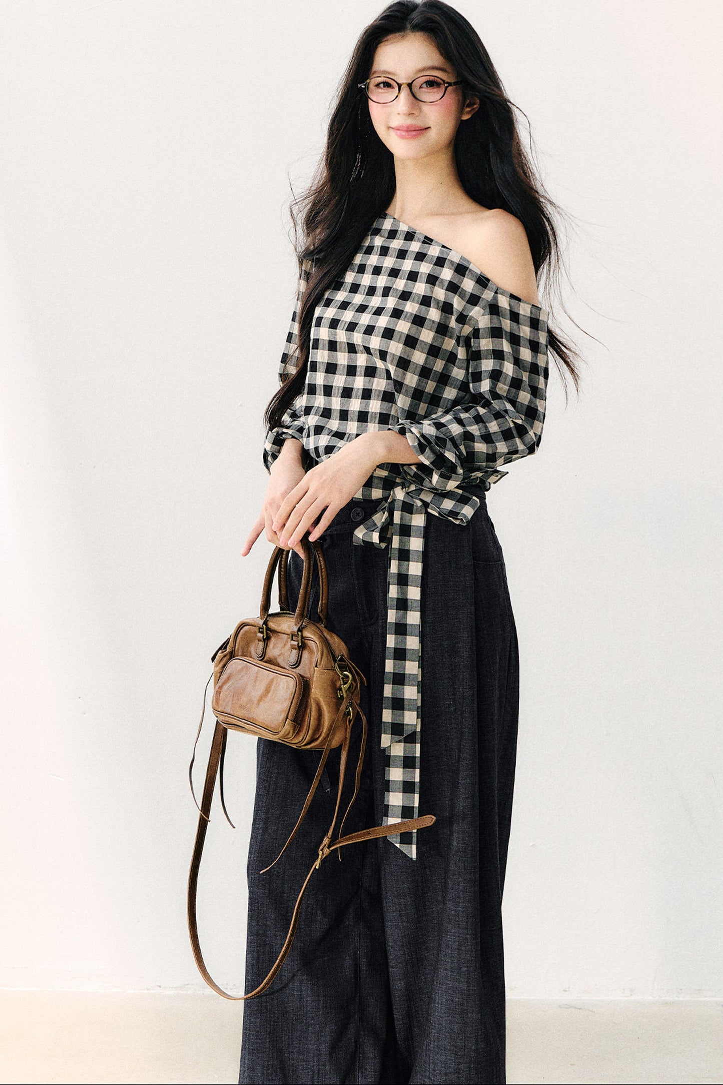 Washed Plaid Tube Top With Bow