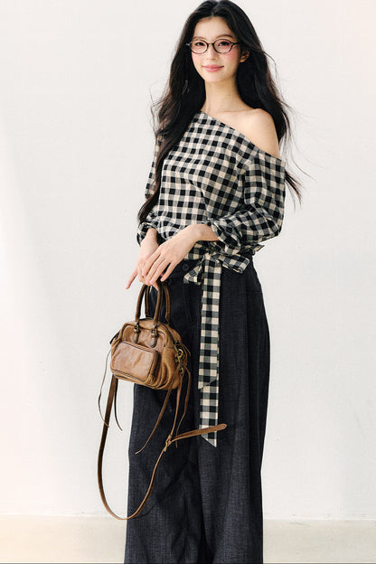 Washed Plaid Tube Top With Bow