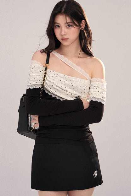 Polka Dot Spliced Lace Off-Shoulder T-Shirt