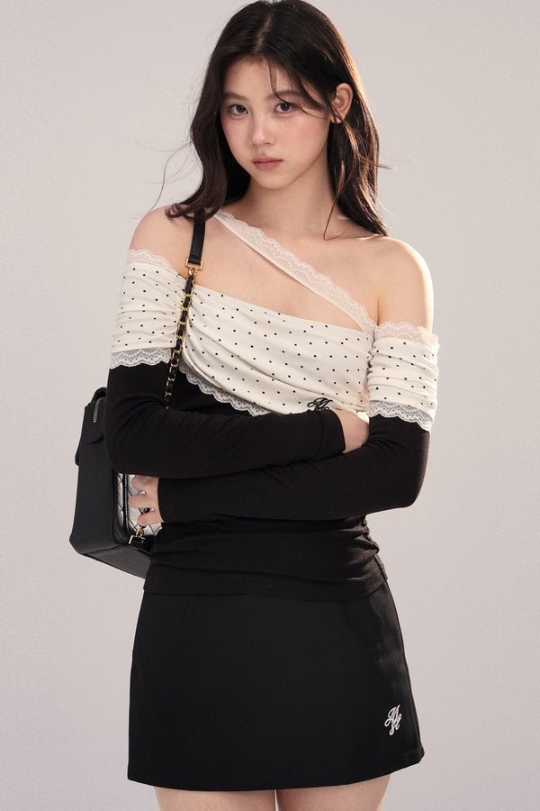Polka Dot Spliced Lace Off-Shoulder T-Shirt