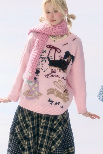Pink Cartoon Print V-Neck Sweater