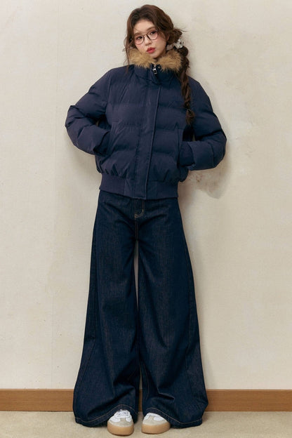 Navy Blue Fur Collar Padded Jacket and Pants Set-Up