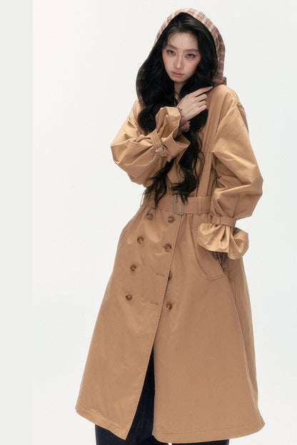 Plaid Patchwork Double-Breasted Hooded Padded Trench Coat