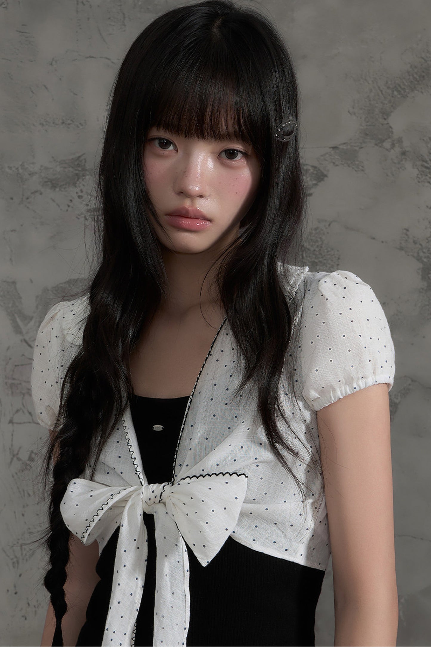 Polka Dot Bow Cardigan And Ruffle Skirt Set-Up