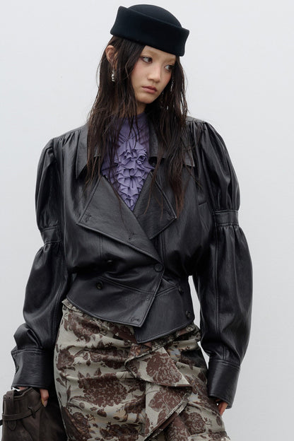 Silhouette Puff Sleeve PU Leather Jacket
