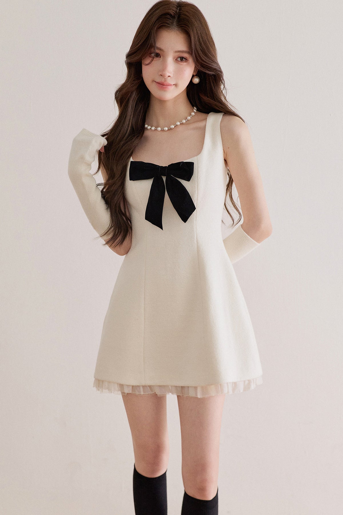 Bow Waist Mesh Wool Dress