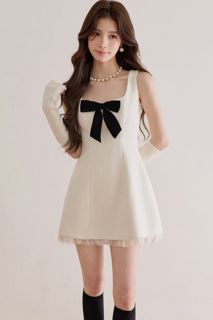 Bow Waist Mesh Wool Dress