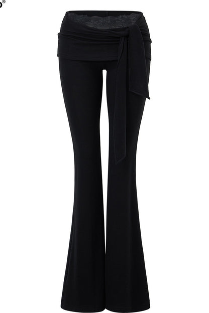 Fold-Over Waist Lace Tie-Up Flared Pants
