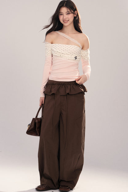 Polka Dot Spliced Lace Off-Shoulder T-Shirt