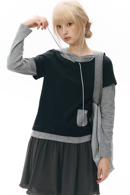 Layered-Look Hooded Long-Sleeve Top