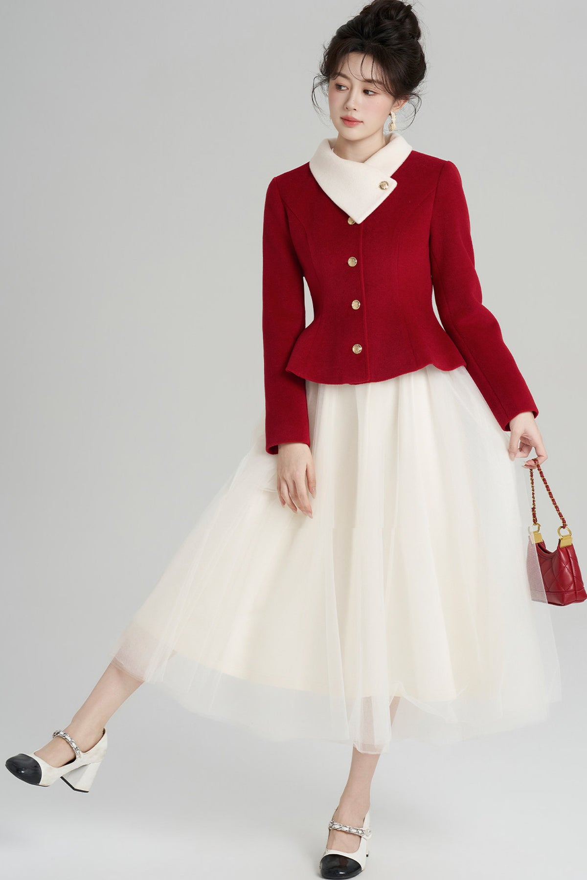 White Lace Dress and Red Jacket