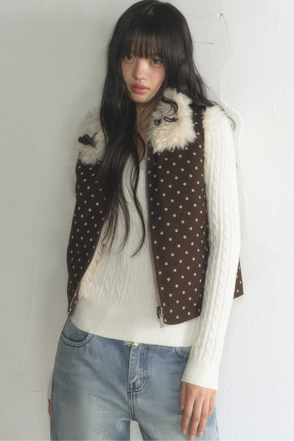 Retro Polka Dot Fur Collar Vest and Pants Set-Up