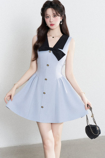 Blue Sleeveless Collar Bow Dress