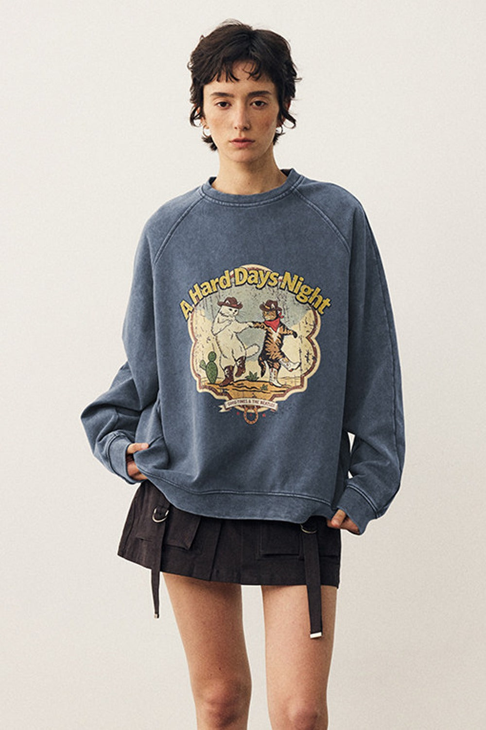 Washed Cat Print Sweatshirt and Pants Set
