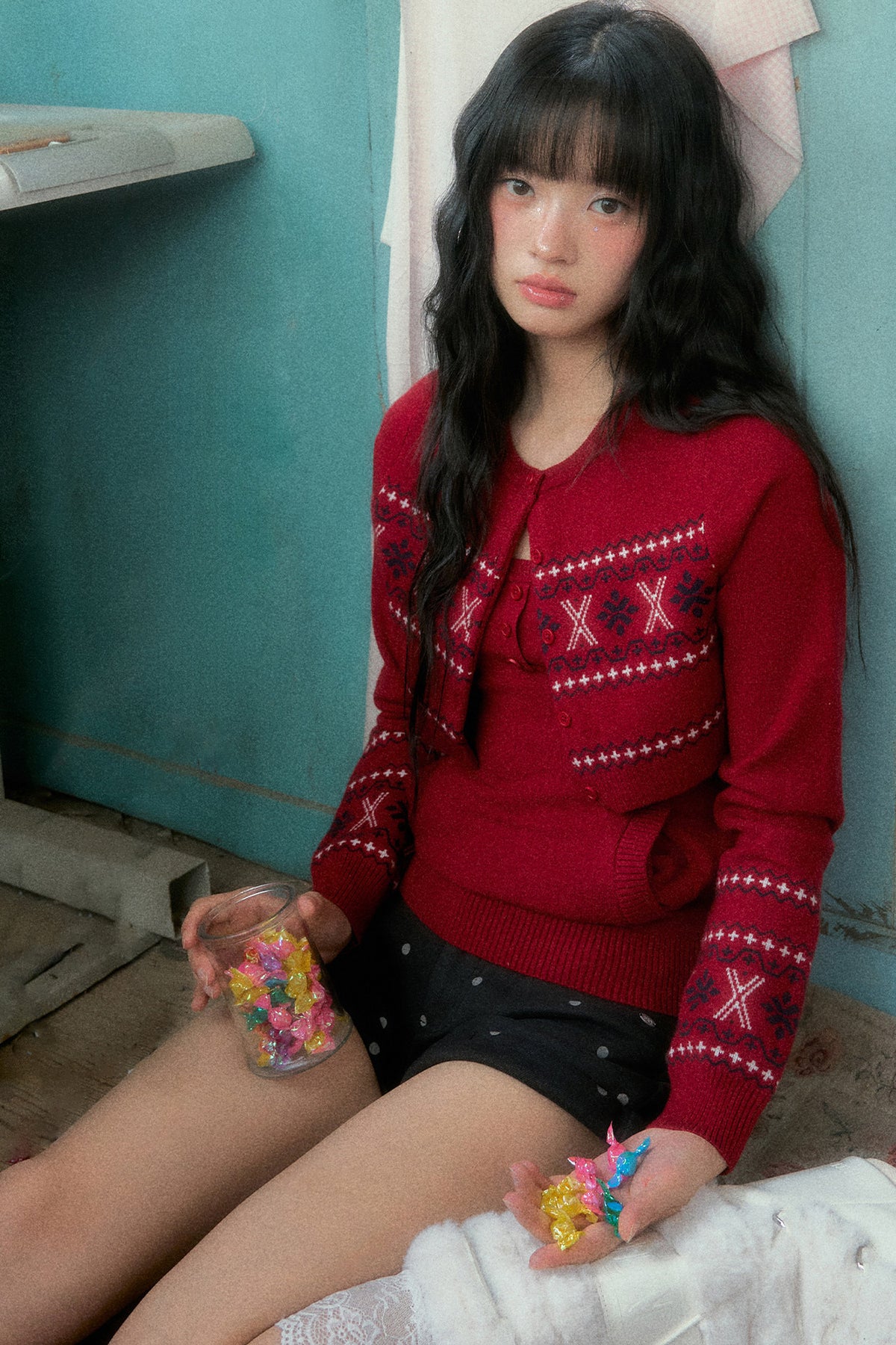 Fair Isle Red Knitted Cardigan And Halter Top Set