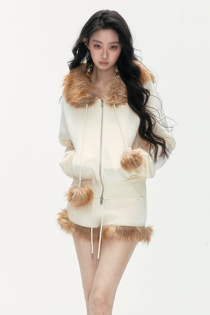 Studded Embroidered Detachable Fur Collar Sweatshirt And Shorts Set-Up